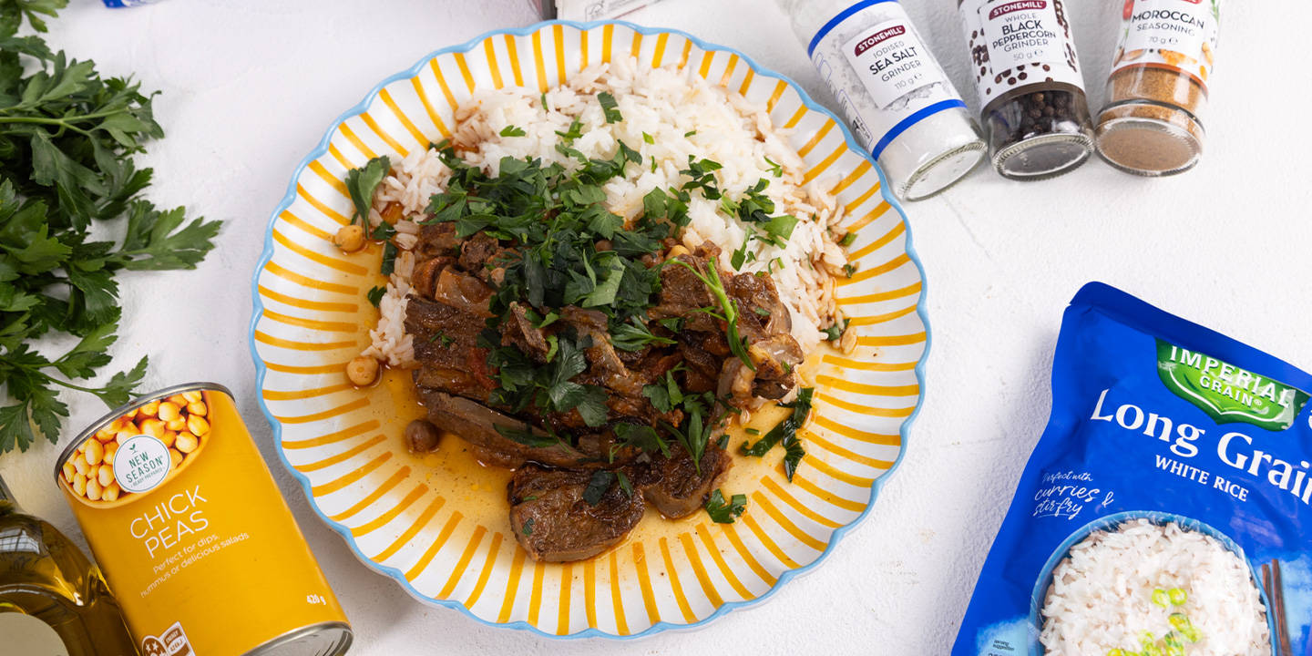 Slow Cooked Moroccan Lamb Chops with Chick Peas and Quick Rice Recipe