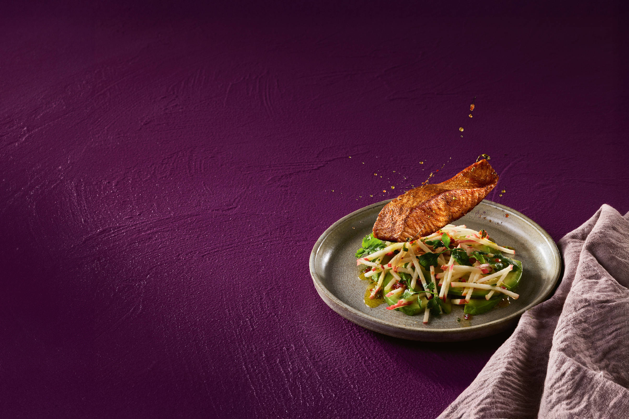 Autumn Recipes & Produce image of a grilled salmon and seasonal vegetables dish