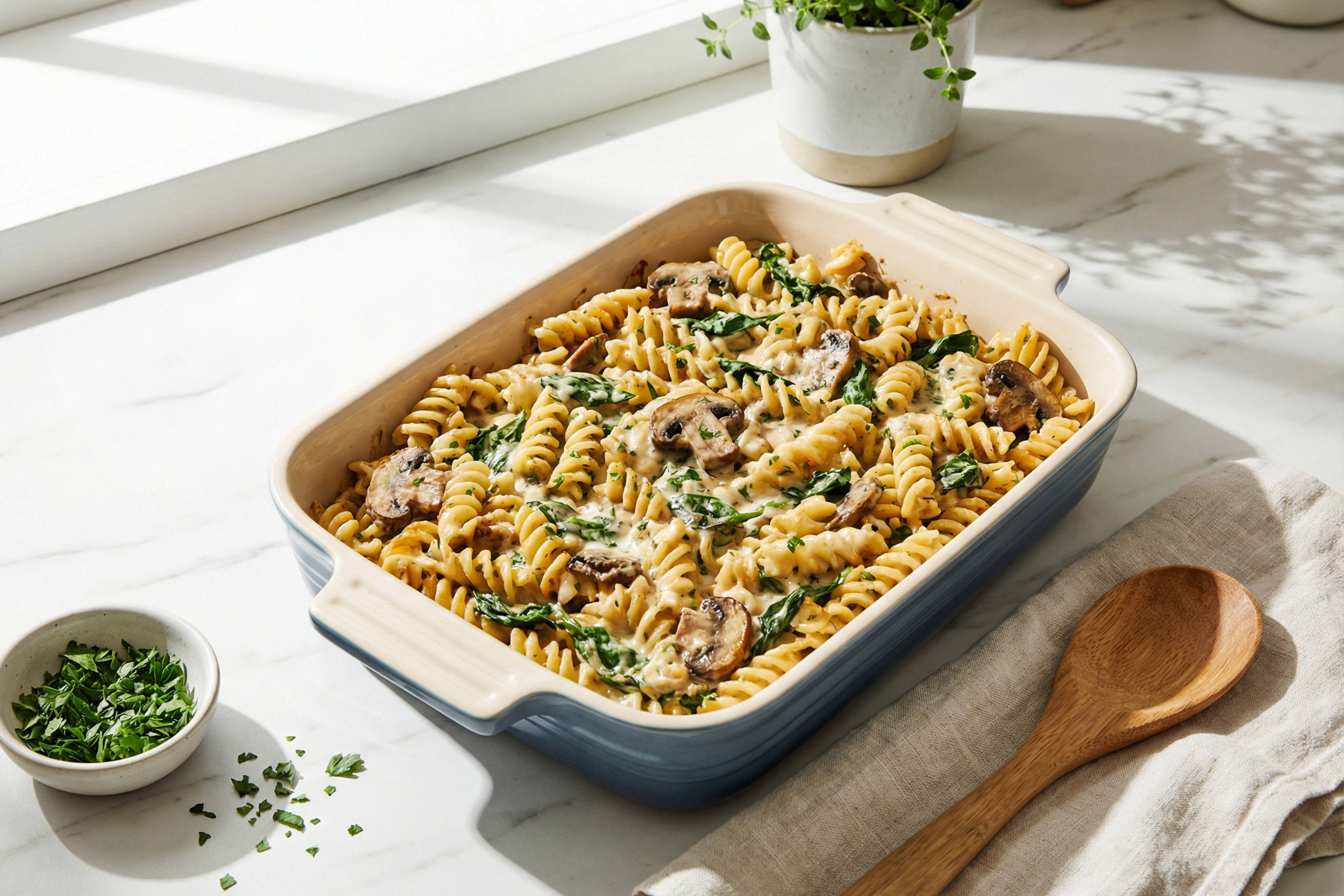 Creamy Mushroom and Spinach Pasta Bake