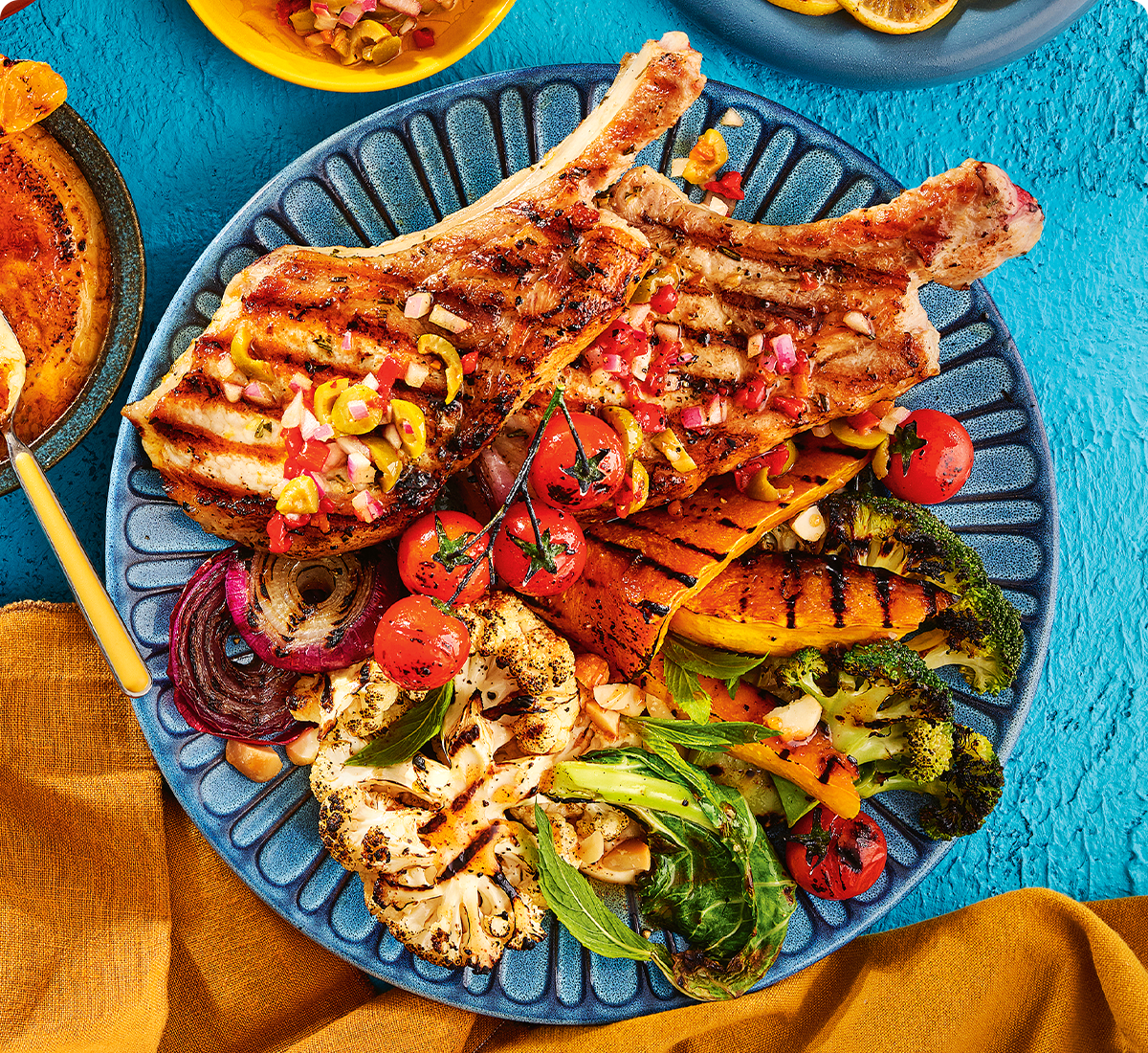 Pork Chops with Green Olive and Burnt Chilli Salsa