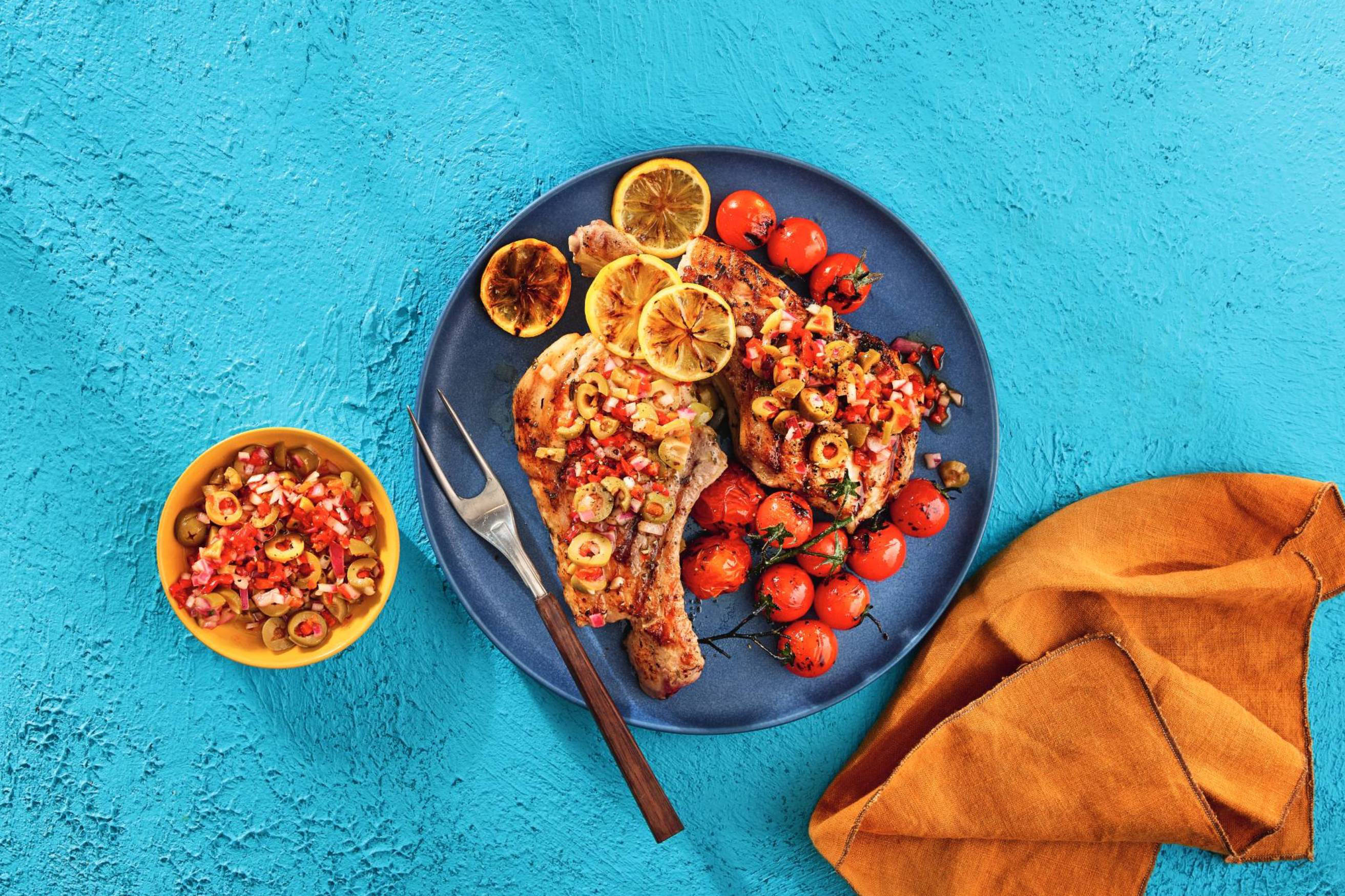 Pork Chops with Green Olive and Burnt Chilli Salsa Recipe