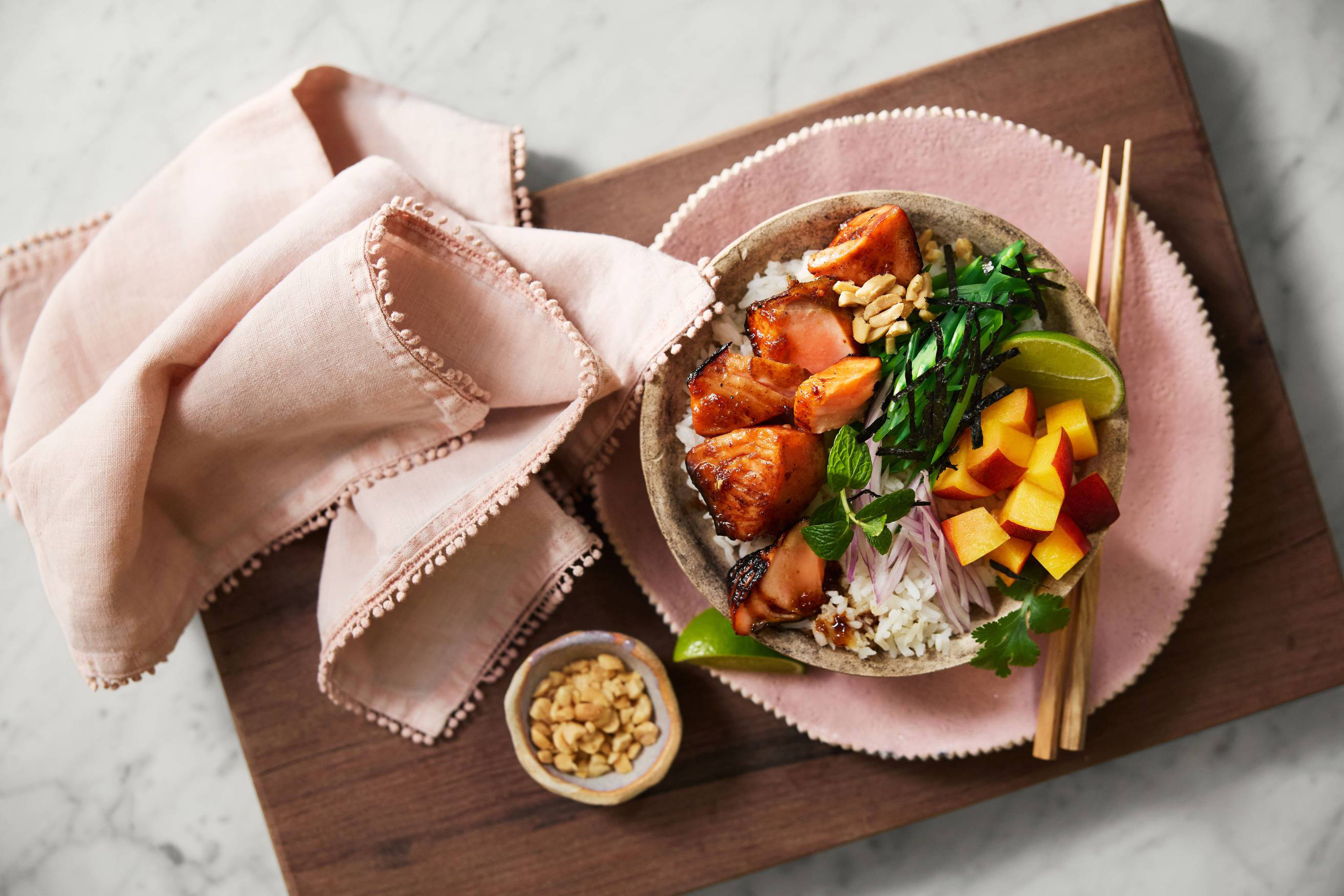 Salmon Poke Bowl with Nectarine and Line