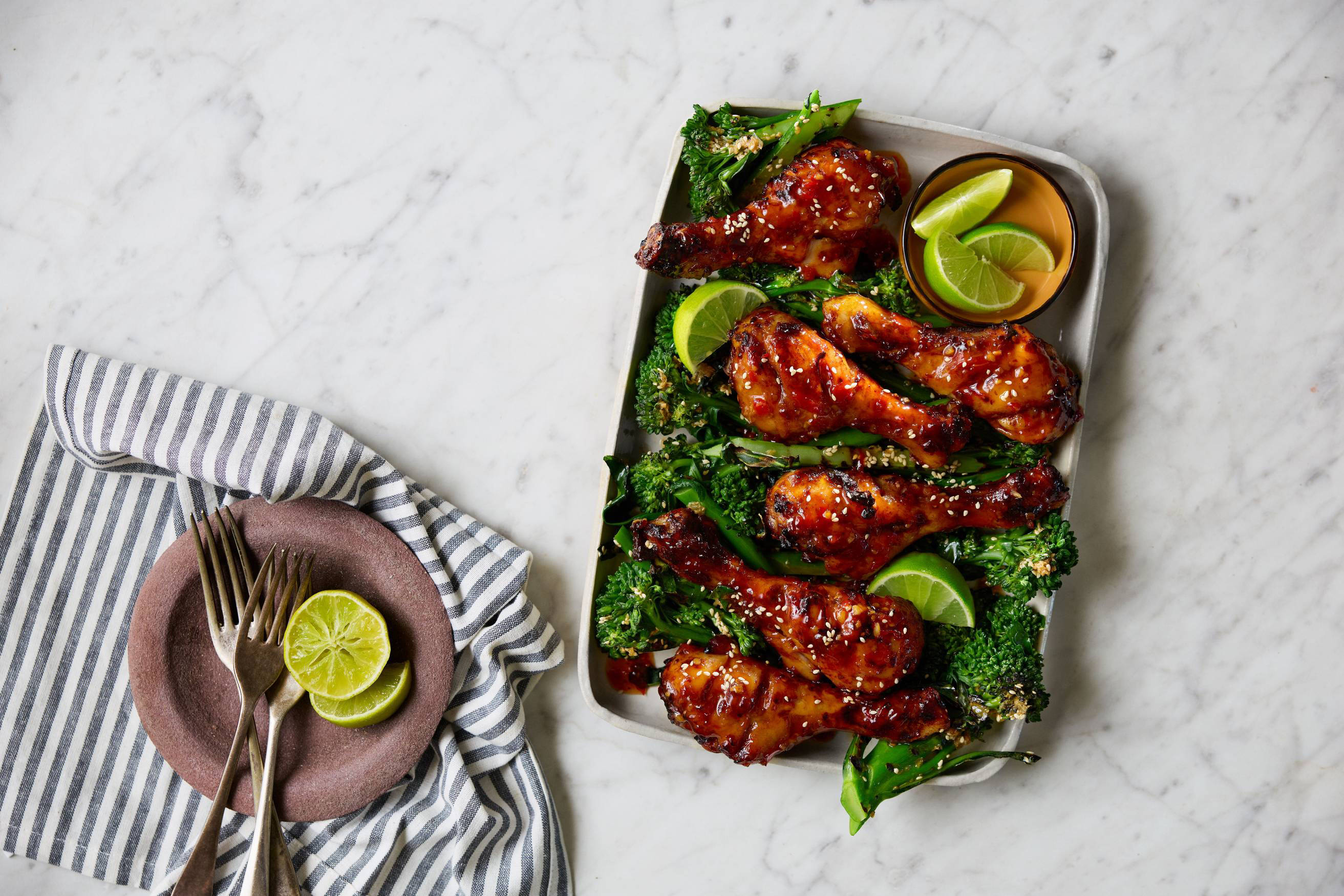 Sweet and Sour Drumsticks with Charred Broccolini