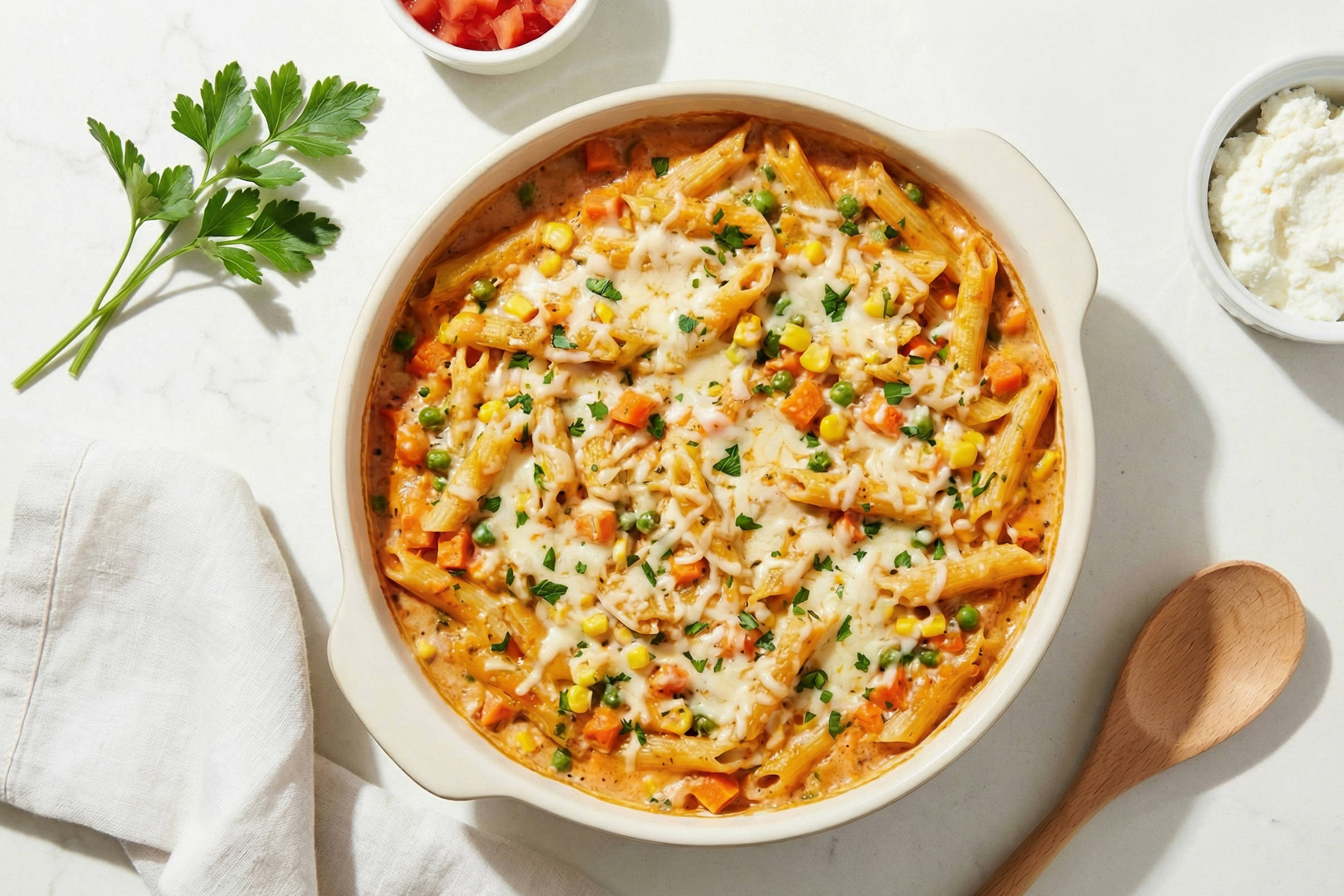 Veggie-Packed Tomato and Ricotta Penne Bake