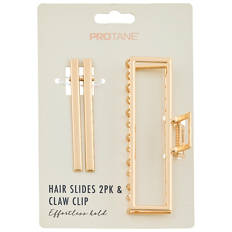 Metallic Gold Hair Slides 2 Pack & Claw Clip 1 Pack