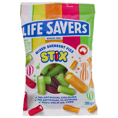 LIFESAVER Mixed Sherbert Fizz Stix Lollies 200g