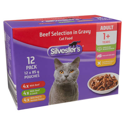SILVESTERS Cat Food Pouches Beef Selection in Gravy 12 Pack 85g