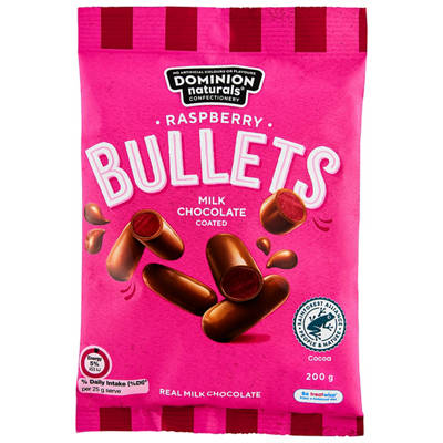 DOMINION NATURALS Raspberry Bullets Milk Chocolate Coated 200g