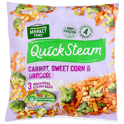MARKET FARE Carrot, Sweet Corn & Broccoli Quicksteam Vegetables  3 Pack 450g