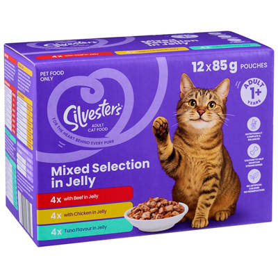SILVESTERS Cat Food Pouches Mixed Selection in Jelly 12 Pack 85g