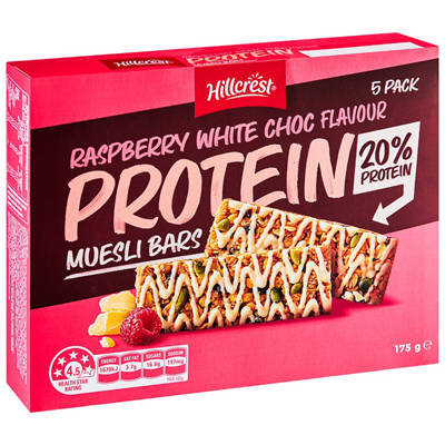 HILLCREST Raspbery White Choc Protein Museli Bars 5 Pack 175g