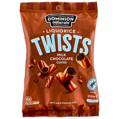 DOMINION NATURALS Milk Chocolate Coated Liquorice Twists 270g