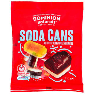 DOMINION NATURALS Soda Cans Soft Centre Flavoured Gummies 130g