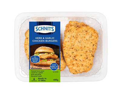 SCHNITS FINE FOODS Herb & Garlic RSPCA Approved Chicken Burgers 4pk/ 600g