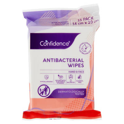 CONFIDENCE Assorted Antibacterial Wipes 15 Pack, 15 pack — Aldi