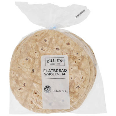 BILLIE'S BAKEHOUSE Flatbread Wholemeal 6 Pack 528g