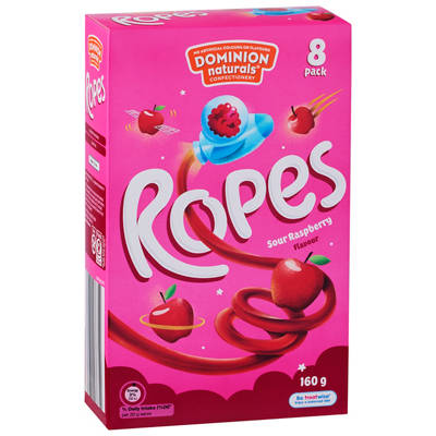 DOMINION NATURALS Sour Raspberry Ropes 8 Pack 160g