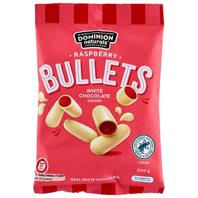 DOMINION NATURALS Raspberry Bullets White Chocolate Coated 200g