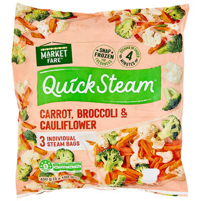 MARKET FARE Quicksteam Vegetables Carrot, Broccoli & Cauliflower 3 Pack 450g