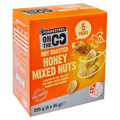 On The Go Dry Roasted Honey Mixed Nuts 5 Pack 225g