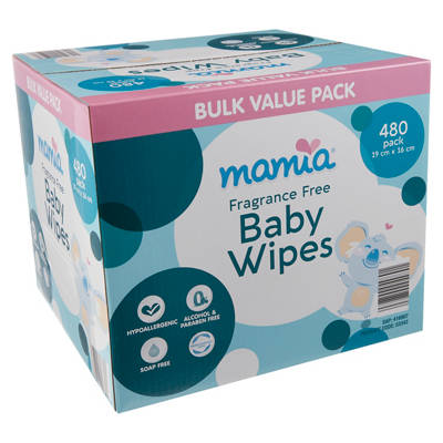 MAMIA Baby Wipes Fragrance Free 480 Pack, 480 pack — Aldi
