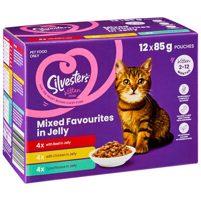 SILVESTERS Kitten Cat Food Pouches Mixed Selection in Jelly 12 Pack 85g