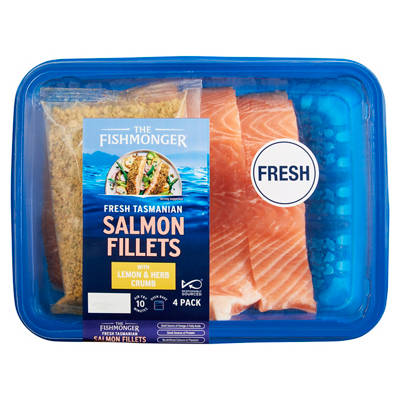 THE FISHMONGER Fresh Tasmanian Salmon Lemon & Herb Crumb 4 Pack 500g