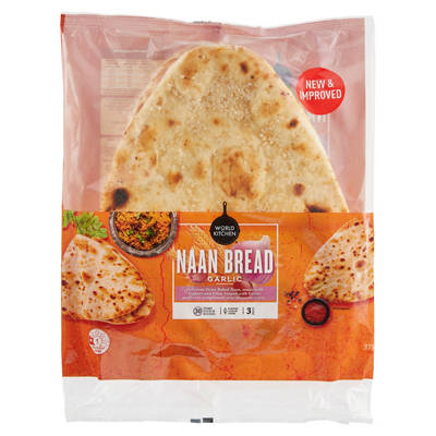 WORLD KITCHEN Garlic Naan Bread 3 Pack 375g