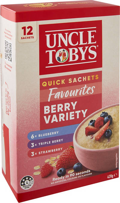 UNCLE TOBYS Quick Oat Sachets Berry Variety 12 Pack 420g
