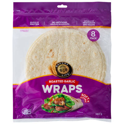 BAKERS LIFE Roasted Garlic Wraps 8 Pack 560g