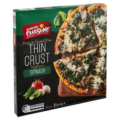 INTERNATIONAL CUISINE Spinach Thin Crust Vegetarian Pizza 390g