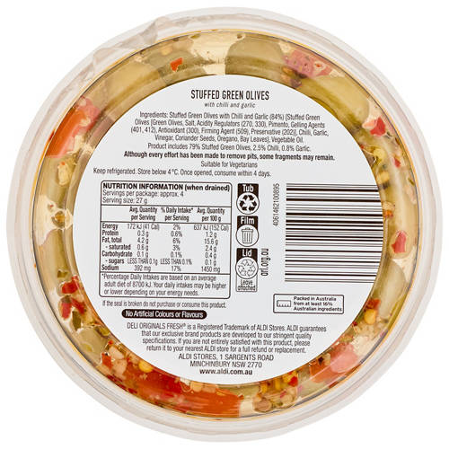 Front shot 3, Chilli & Garlic Stuffed Green Olives 130g