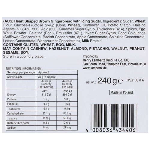 Ingredients 1, German Gingerbread Heart You're A Cutie 240g