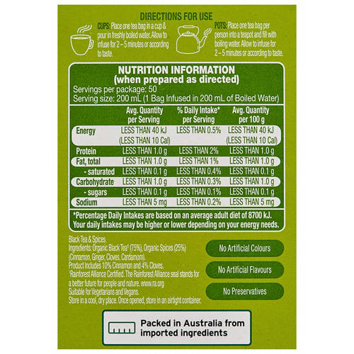 Nutrients 1, Organic Chai Tea Bags 50 Pack 90g