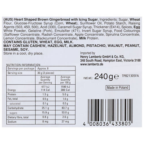 Ingredients 1, German Gingerbread Heart I Love You 240g