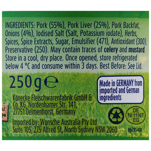 Ingredients 1, Coarse Minced Pork Liverwurst 250g