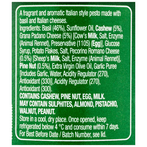 Ingredients 1, Basil Pesto 190g