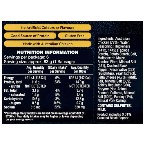 Nutrients 1, Chicken, Fetta & Parsley Sausages 500g