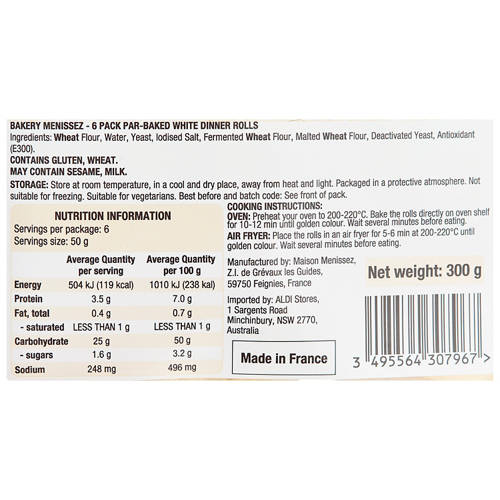 Ingredients 1, White Bake at Home Rolls 6 Pack 300g