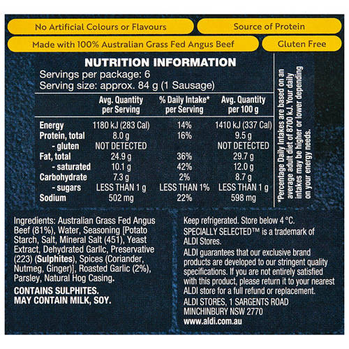 Nutrients 1, Grass Fed Angus Beef Sausages 500g