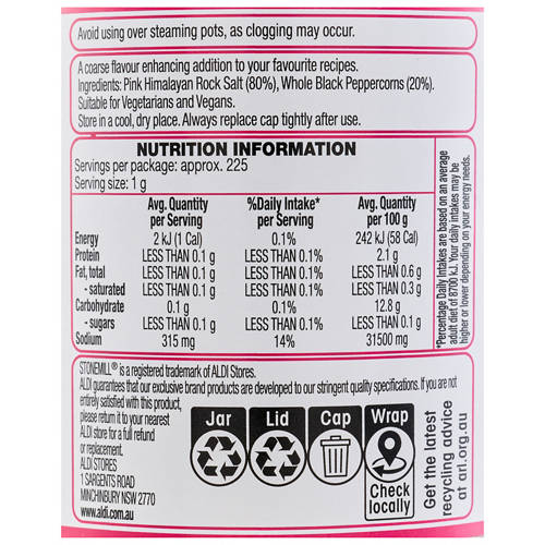 Ingredients 1, Himalayan Pink Rock Salt with Black Peppercorns Grinder 225g