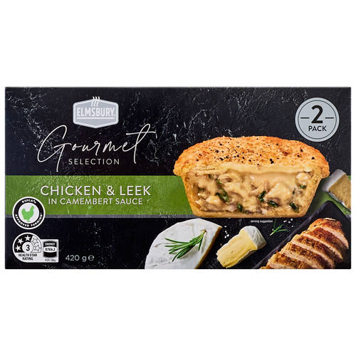 Front shot 2, Chicken & Leek Pies in Camembert Sauce 2 Pack 420g