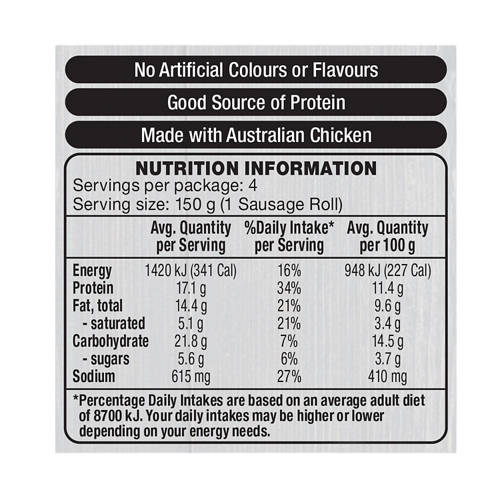 Nutrients 1, Italian Style RSPCA Approved Chicken Sausage Rolls 4 Pack 600g