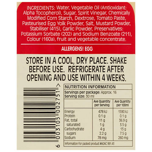 Ingredients 1, Salad and French Fry Dressing 500ml