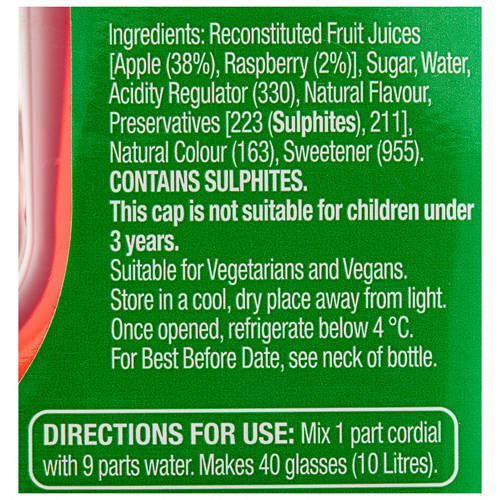 Ingredients 1, Apple Raspberry Cordial 1L