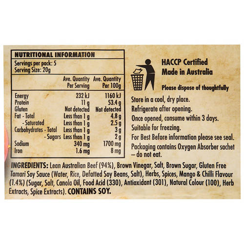 Nutrients 1, Mango Chilli Cured and Air Dried Beef Slices 100g
