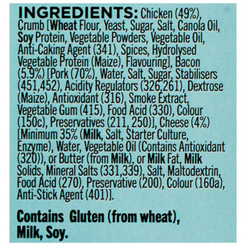 Ingredients 1, Chicken, Cheese & Bacon Schnitzel 360g