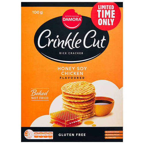 Front shot 2, Crinkle Cut Rice Crackers Honey Soy Chicken 100g