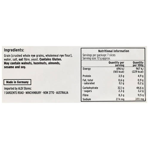 Nutrients 1, German Wholemeal Rye Bread 500g