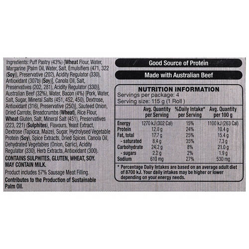 Ingredients 1, Beef, Bacon Sausage Rolls 460g